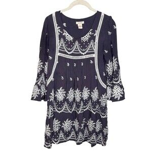 Sundance Dress Womens Small Blue Embroidered Floral Boho Tunic Shift 3/4 Sleeve